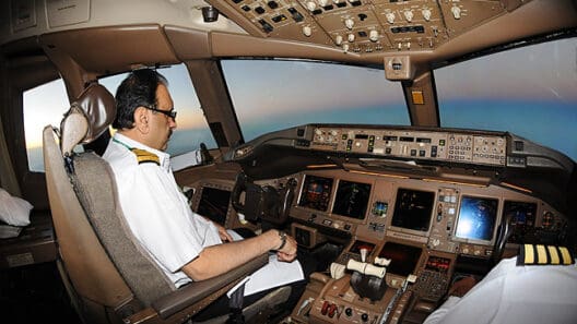 a man in a white uniform sitting in a cockpit of an airplane