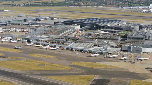 an airport with airplanes parked on the runway