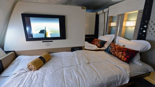 a bed with a tv on the wall