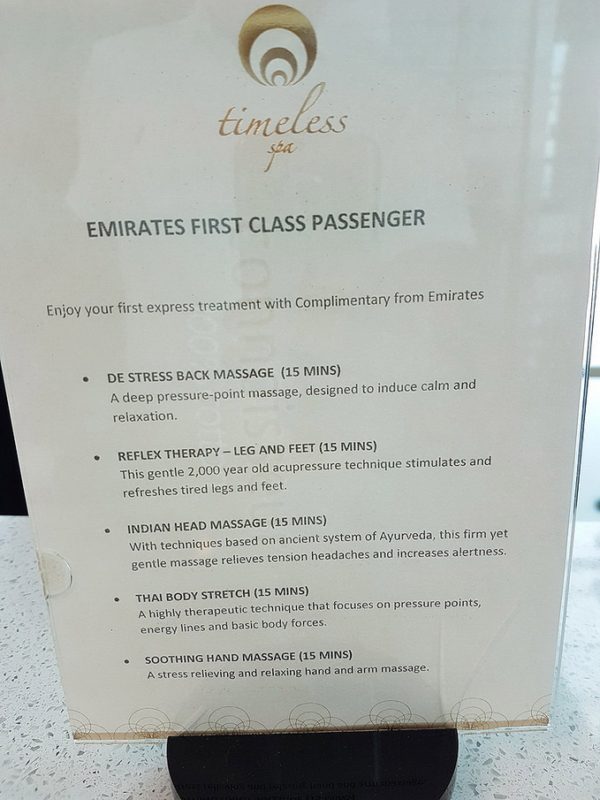 Emirates First Class Lounge Timeless Spa Menu