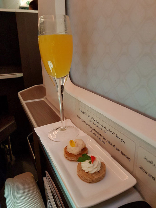 Oman Air Business Class drink and canapes