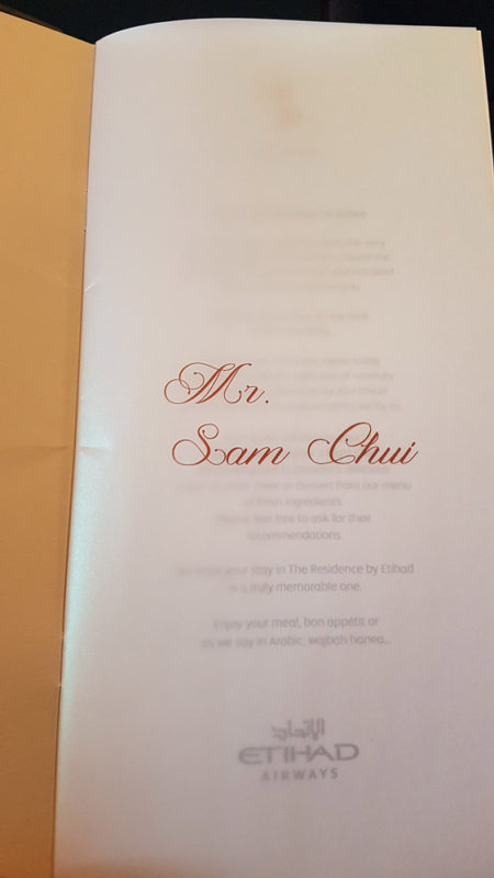 Etihad Airways The Residence Personalized Menu