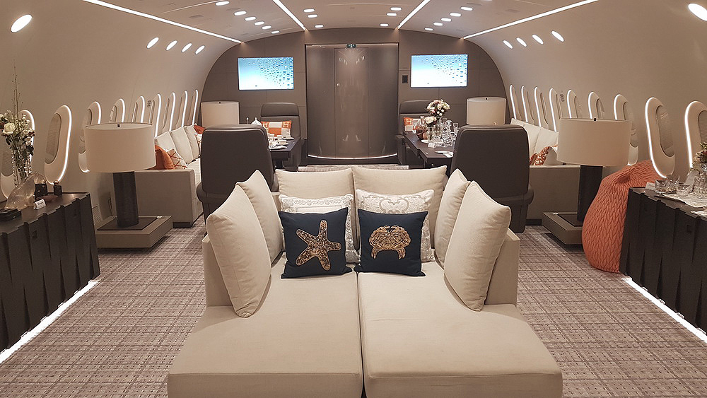 a large couch in a plane