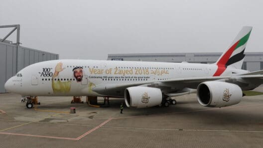 a large white airplane with a cartoon on it