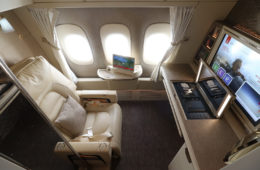 a desk and chair in an airplane