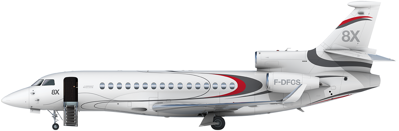a white airplane with red and grey stripes