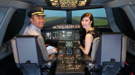 a man and woman sitting in a cockpit of an airplane