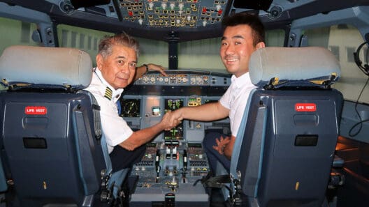 two men shaking hands in the cockpit of an airplane