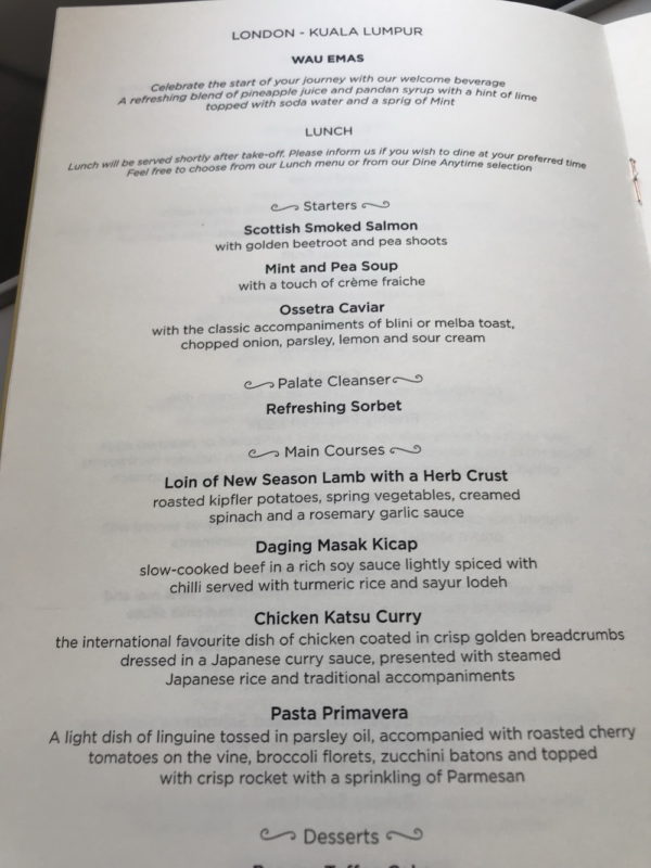 Malaysia Airlines First Class Menu