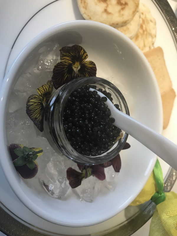 a bowl of black caviar with a spoon