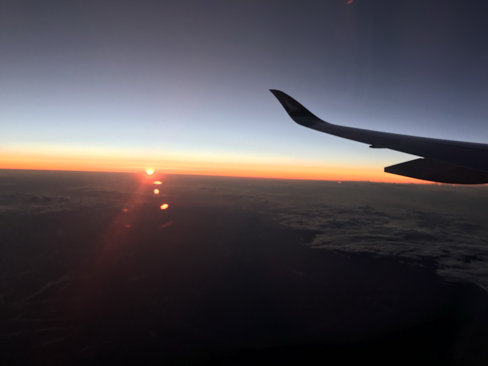 an airplane wing and the sun