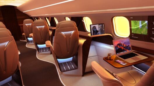 a plane with a laptop and a table