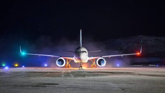 a plane on a runway at night