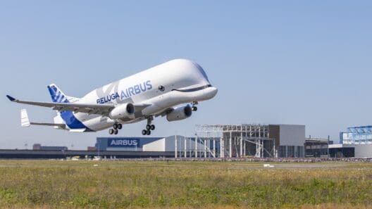 a large white airplane taking off
