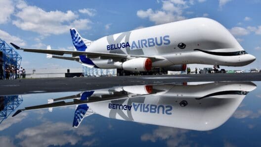 a large white airplane with blue and white text on it