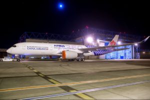 an airplane on the runway at night