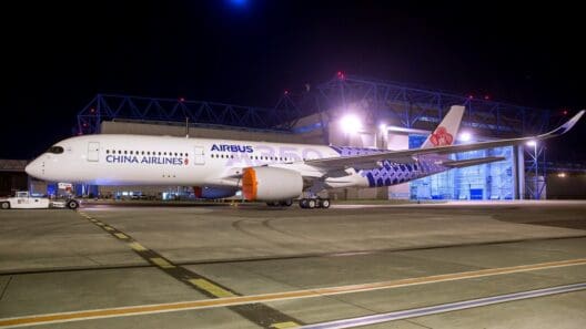 an airplane on the runway at night