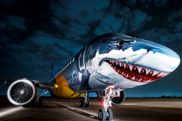 a plane with a shark face painted on it