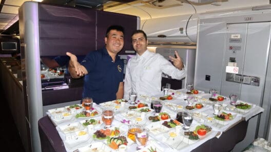 two men standing in front of a table full of food