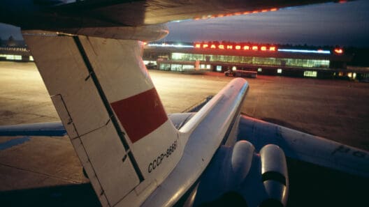 the tail of an airplane at night