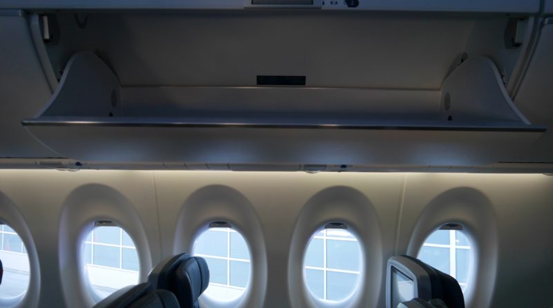 the inside of an airplane with windows