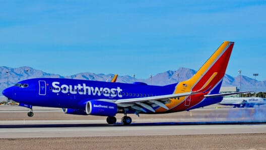 a blue and orange airplane on a runway