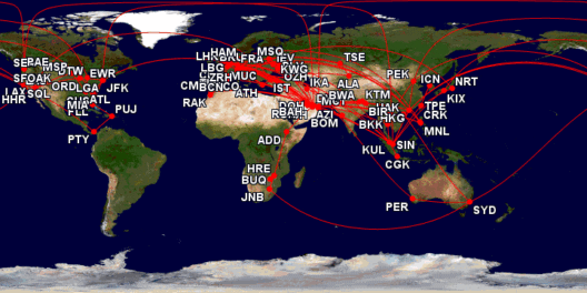 a map of the world with red lines and white text