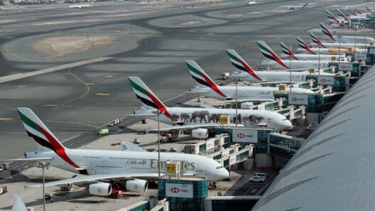 a group of airplanes parked at an airport