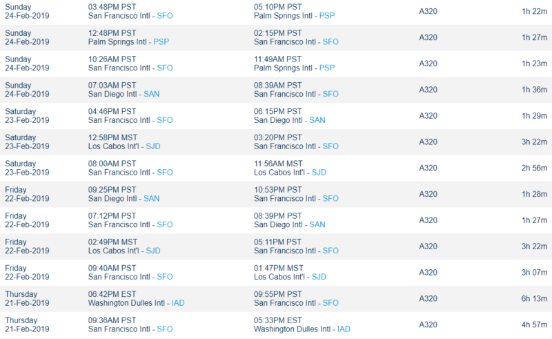 a screenshot of a table with a number of flights
