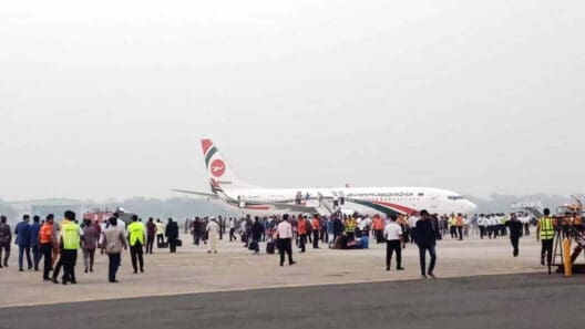 a group of people standing around an airplane