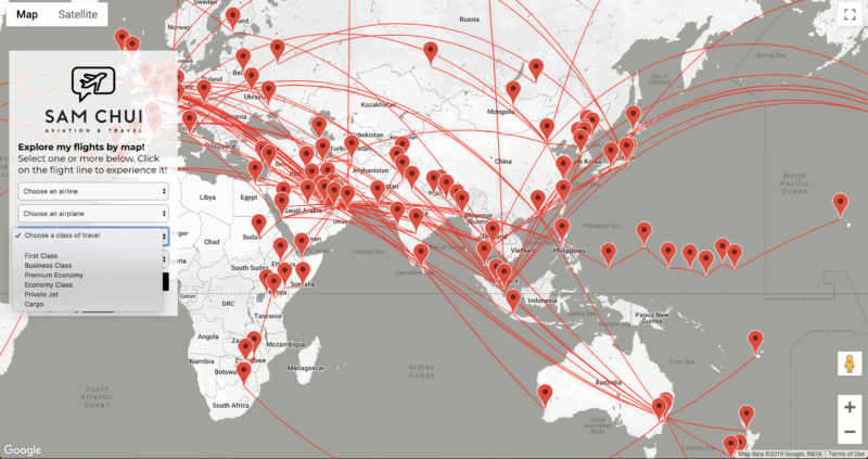 Interactive Map for Flight Reviews - Choose any class of travel