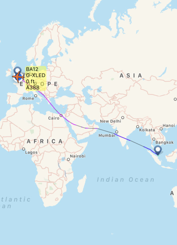 British Airways flight from Singapore to London is taking a more Southerly route