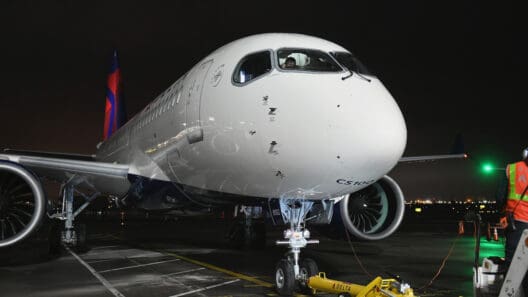 a plane on the runway at night