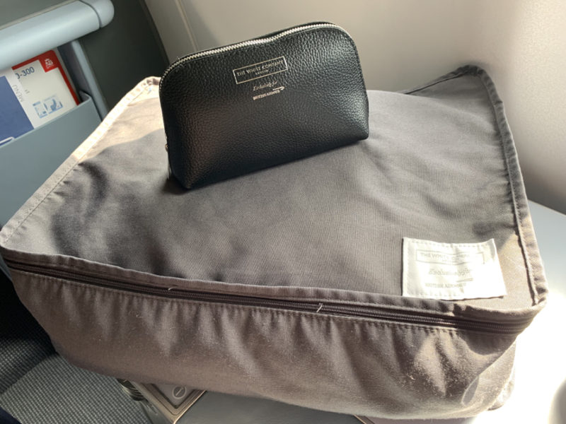 British Airways Business Class Amenity kit and bedding