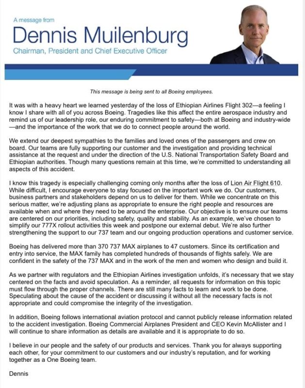 Letter from Dennis Muilenburg, Boeing Chairman, President and CEO.