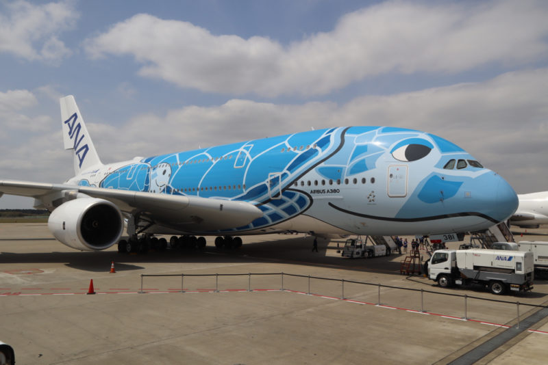 a blue and white airplane with a face painted on it