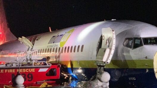 Boeing 737 slides off runway into river