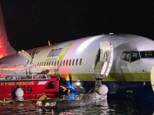 Boeing 737 slides off runway into river
