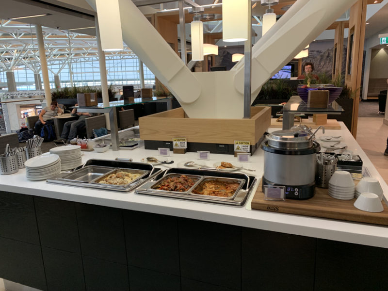 a buffet table with food on it