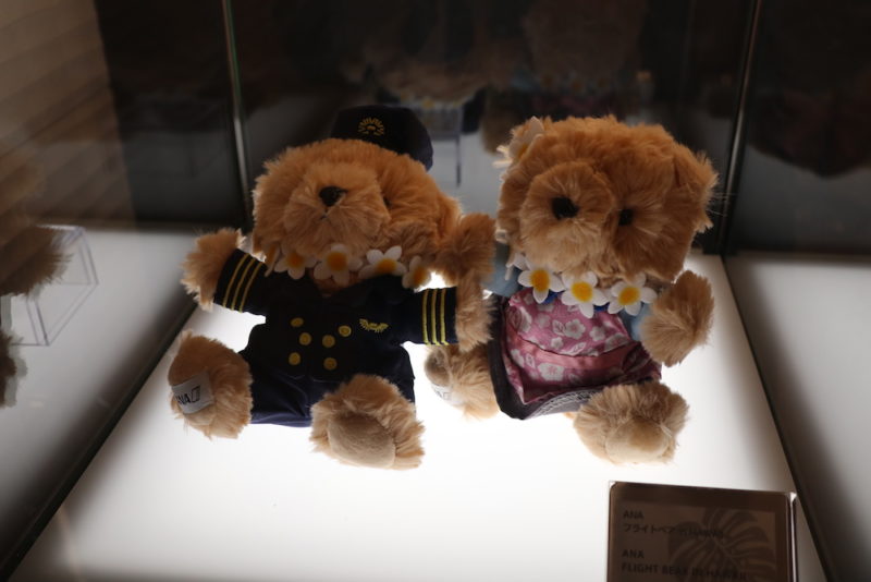two stuffed bears in a glass case