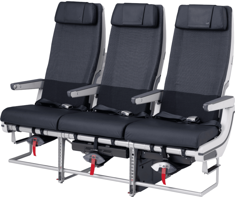 a row of seats with black cushions