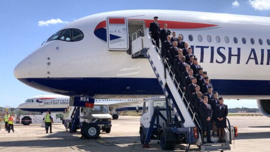 a group of people standing on a plane