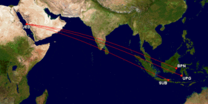 a map of the world with red lines