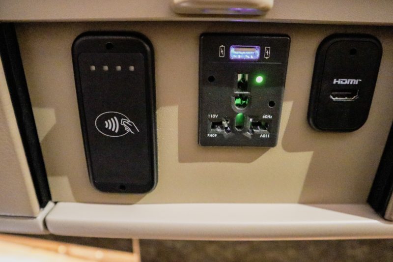 Singapore Airlines A380 First Class - Power socket and USB outlet