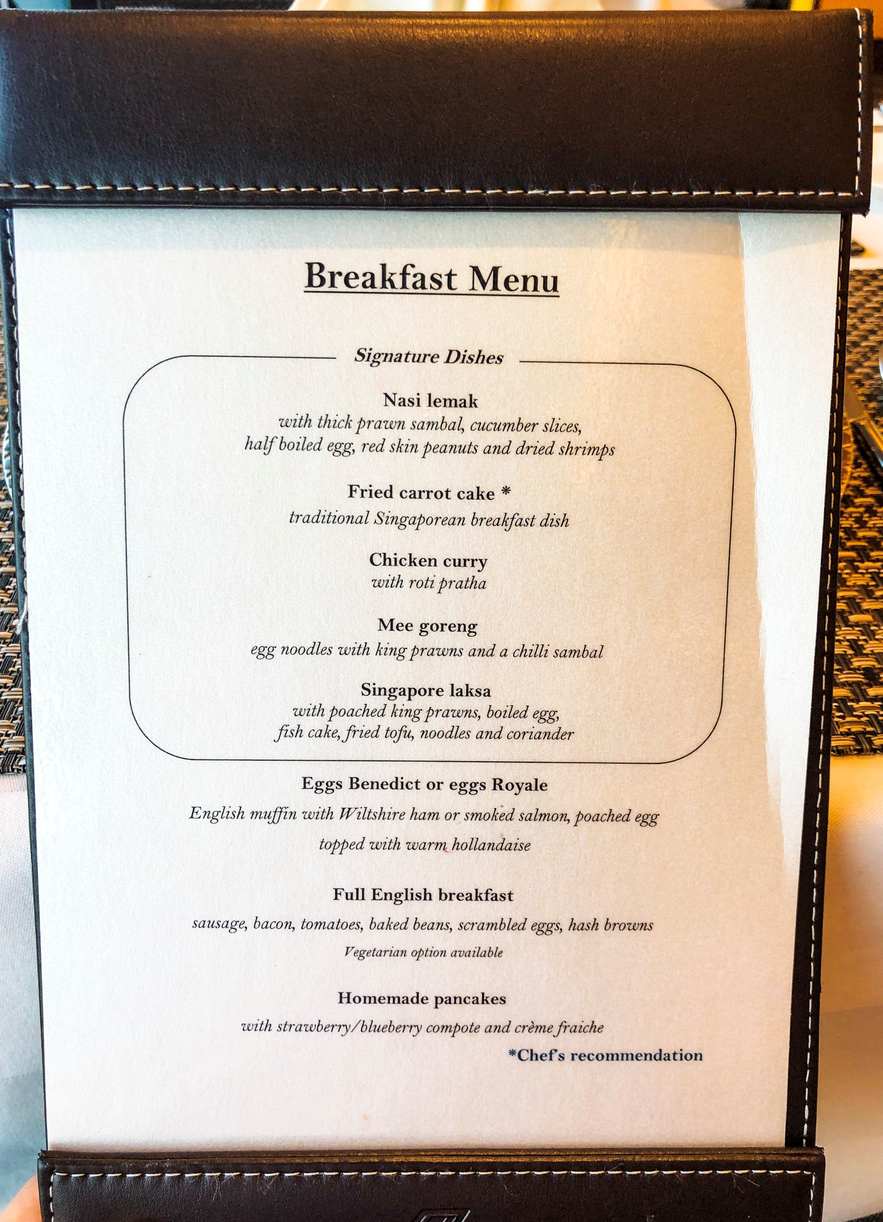 Singapore Airlines SilverKris First Class Lounge - A la carte Breakfast Menu