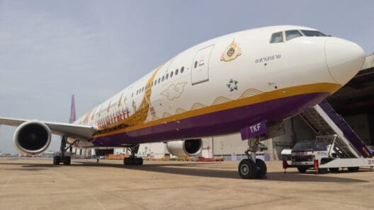 a large white and purple airplane