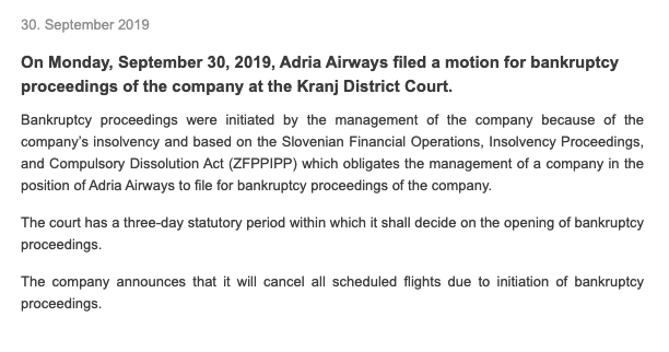 Adria Airways Files for Bankruptcy