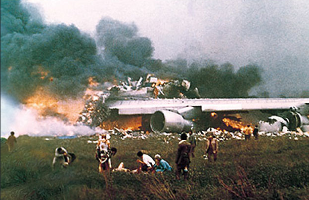a group of people watching a plane crashed into a field