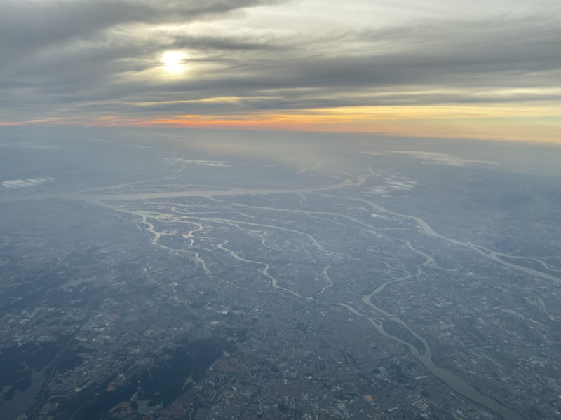 aerial view of a city and a river