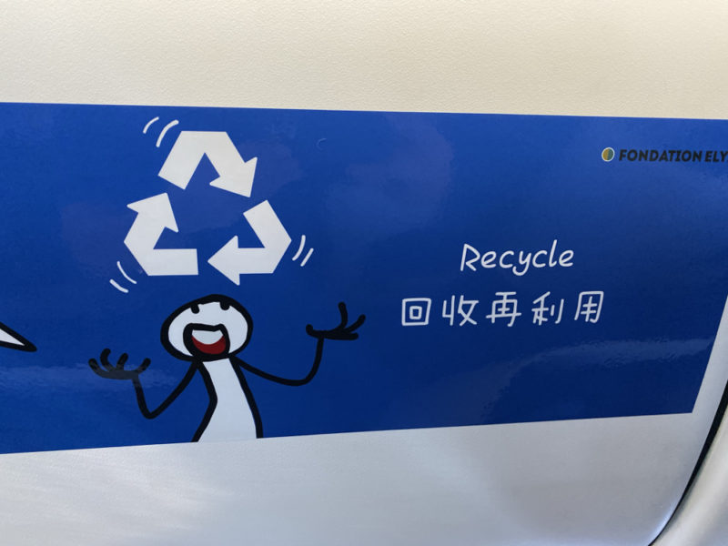 a blue recycle sign with a cartoon character